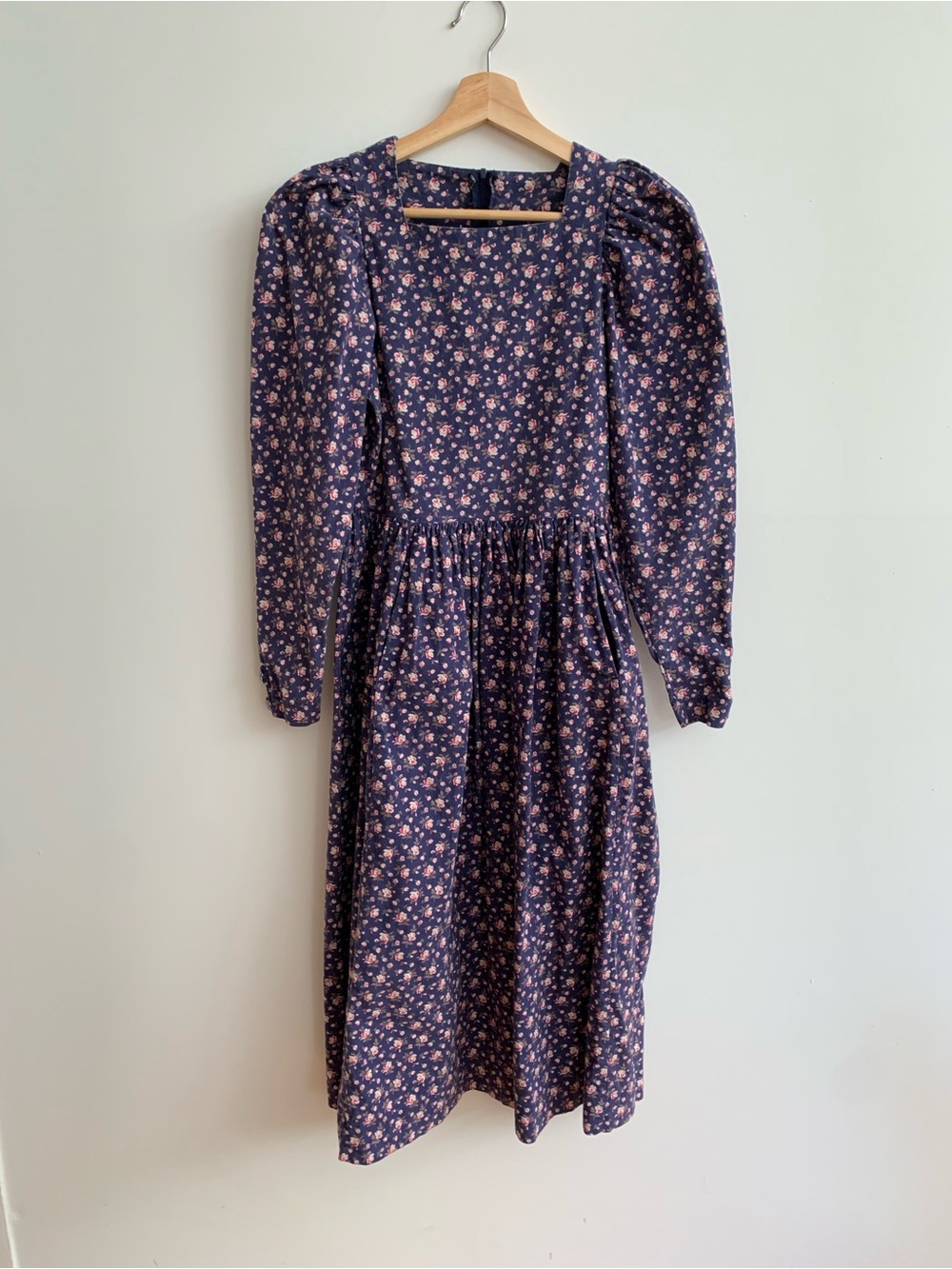 Vintage Laura Ashley Navy Midi Dress with Pink Floral Print